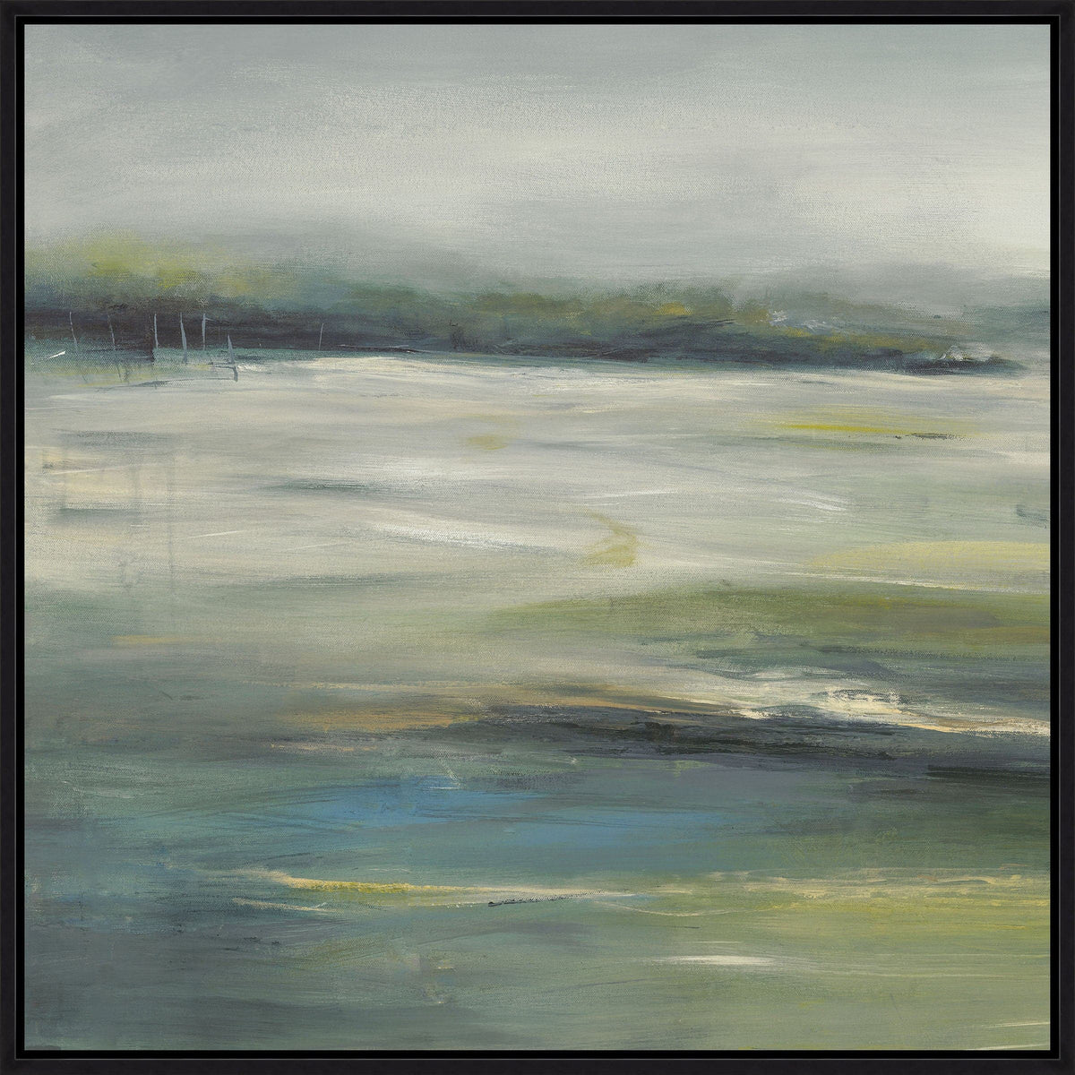 Abstract giclee painting, "Green Fields I," with earthy colors, brush strokes, and a black frame.