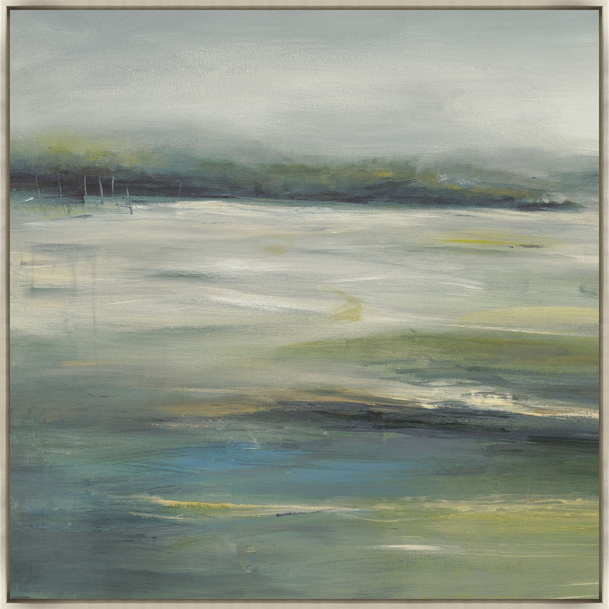 Abstract giclee painting, "Green Fields I," with earthy colors, natural balance, and brush strokes.