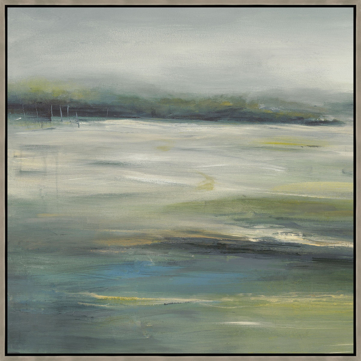 Abstract giclee painting, "Green Fields I," with earthy colors, brush strokes, and a light frame.