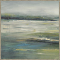 Abstract giclee painting, "Green Fields I," with earthy colors, brush strokes, and a light frame.