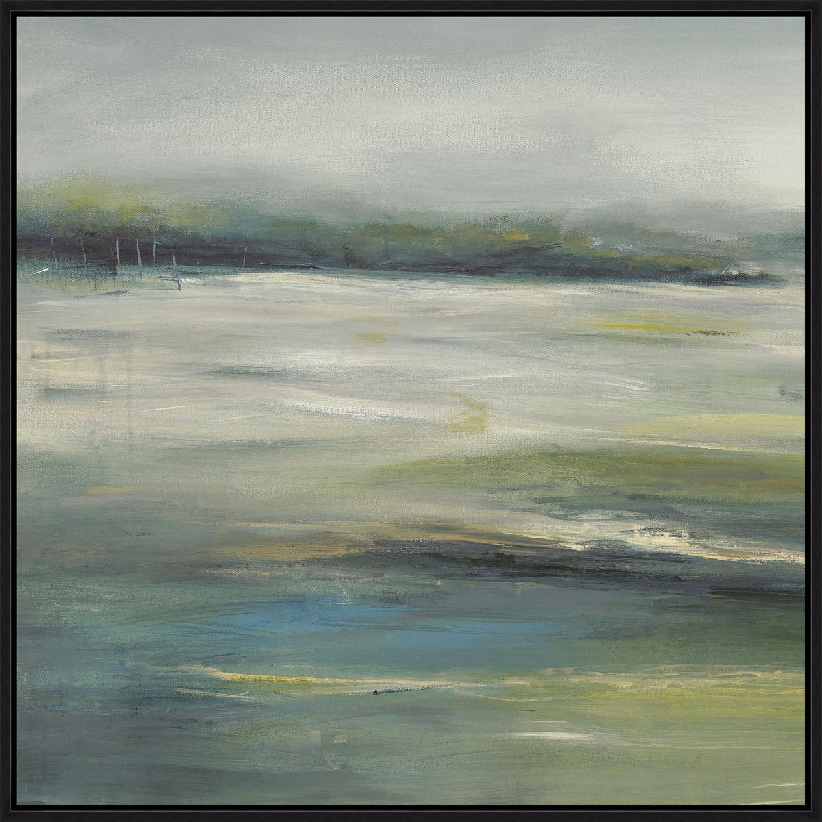 Abstract giclee painting with earthy green, blue, and grey tones, framed in black.