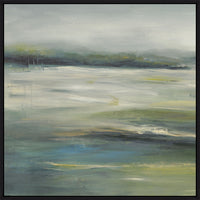 Abstract giclee painting with earthy green, blue, and grey tones, framed in black.