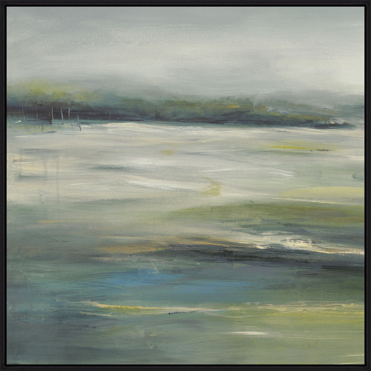 Abstract giclee painting, "Green Fields I," with earthy colors, natural balance, and a black frame.