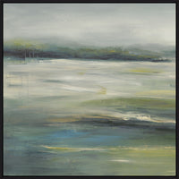 Abstract giclee painting, "Green Fields I," with earthy colors, natural balance, and a black frame.