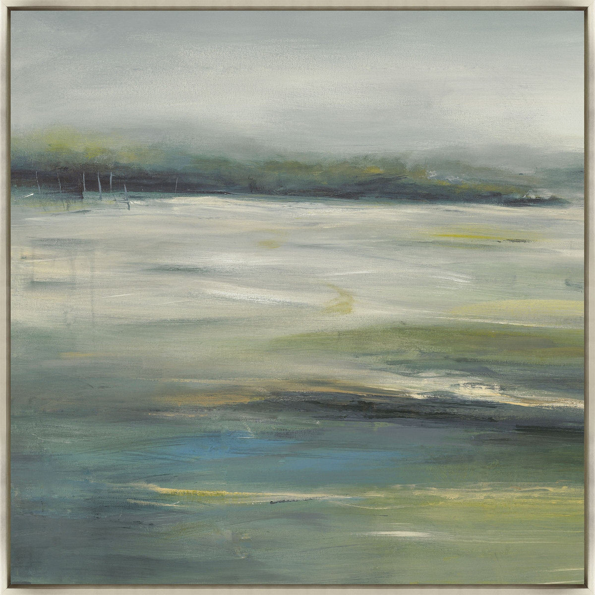 Abstract giclee painting with earthy green, blue, and gray tones, featuring brush strokes and a light frame.