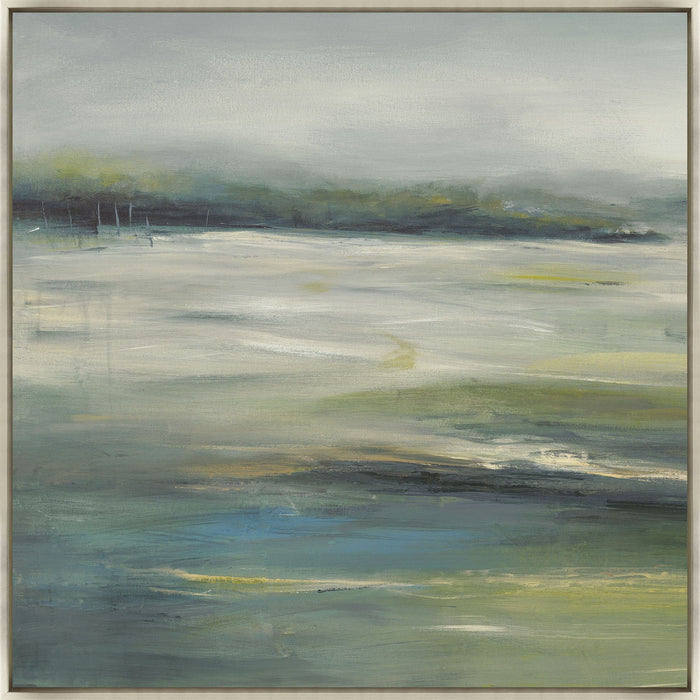 Abstract giclee painting with earthy green, blue, and gray tones, featuring brush strokes and a light frame.