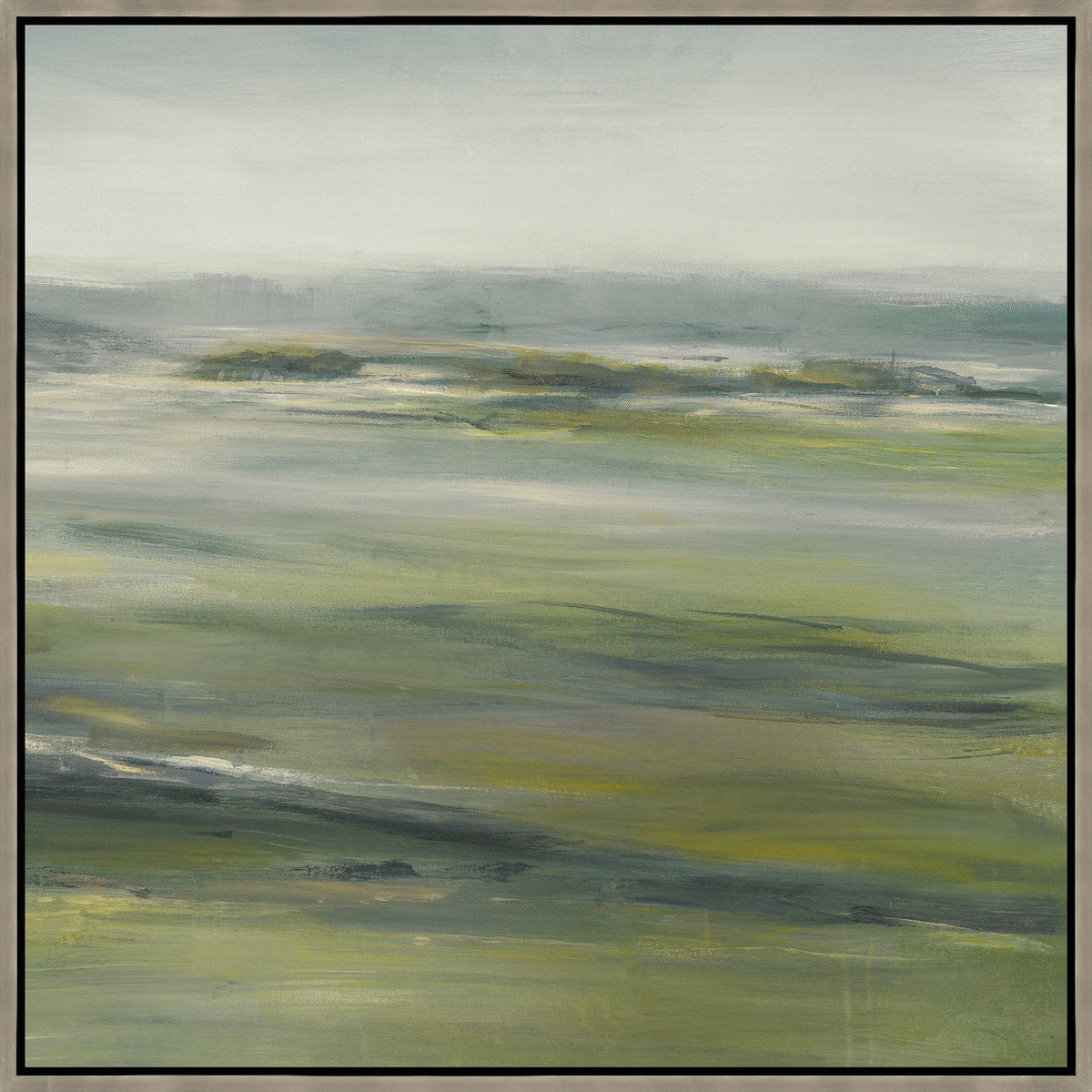 Abstract giclee painting, "Green Fields II," featuring earthy green, grey, and white brushstrokes in a light wood frame.