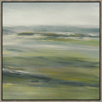 Abstract giclee painting, "Green Fields II," featuring earthy green, grey, and white brushstrokes in a light wood frame.