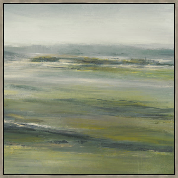 Abstract giclee painting, "Green Fields II," featuring earthy green, grey, and white brushstrokes in a light wood frame.