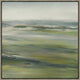 Abstract giclee painting, "Green Fields II," featuring earthy green, grey, and white brushstrokes in a light wood frame.