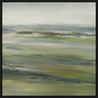 Abstract giclee painting, "Green Fields II," with earthy greens, grays, and whites in a black frame.