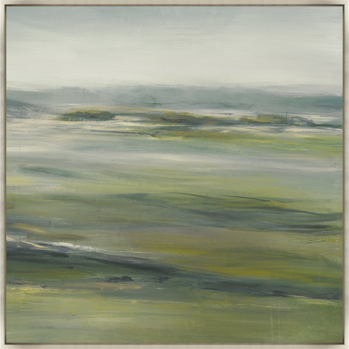 Abstract giclee painting, "Green Fields II," with earthy greens, grays, and whites, framed.