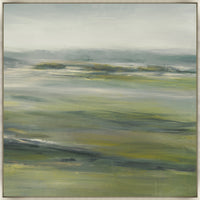Abstract giclee painting, "Green Fields II," with earthy greens, grays, and whites, framed.