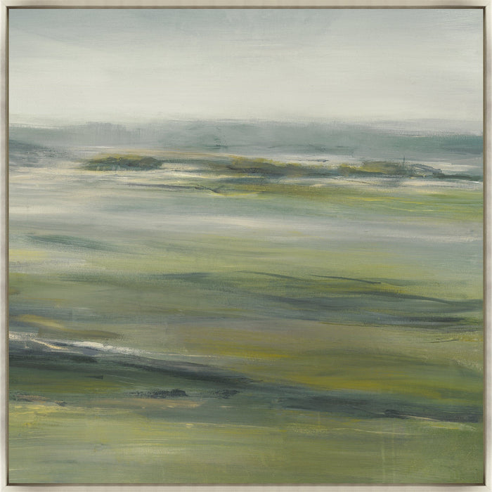 Abstract giclee painting, "Green Fields II," with earthy greens, grays, and whites, framed.