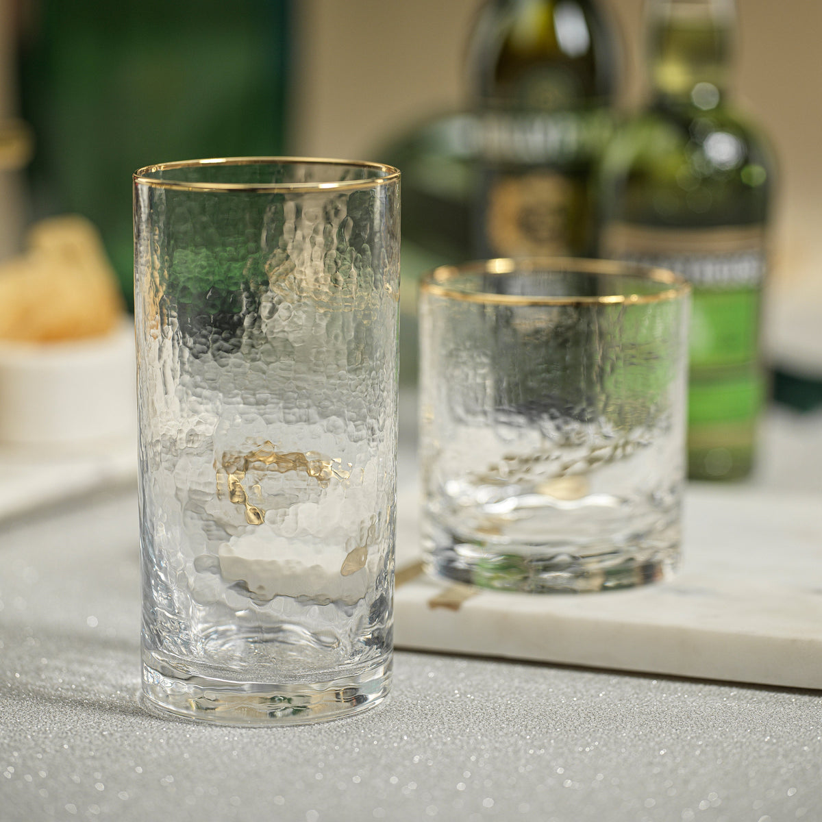Hammered Glass Gold Rim Double Old Fashioned Glasses, Set of 4 - Glass Detail | Bone & Brass