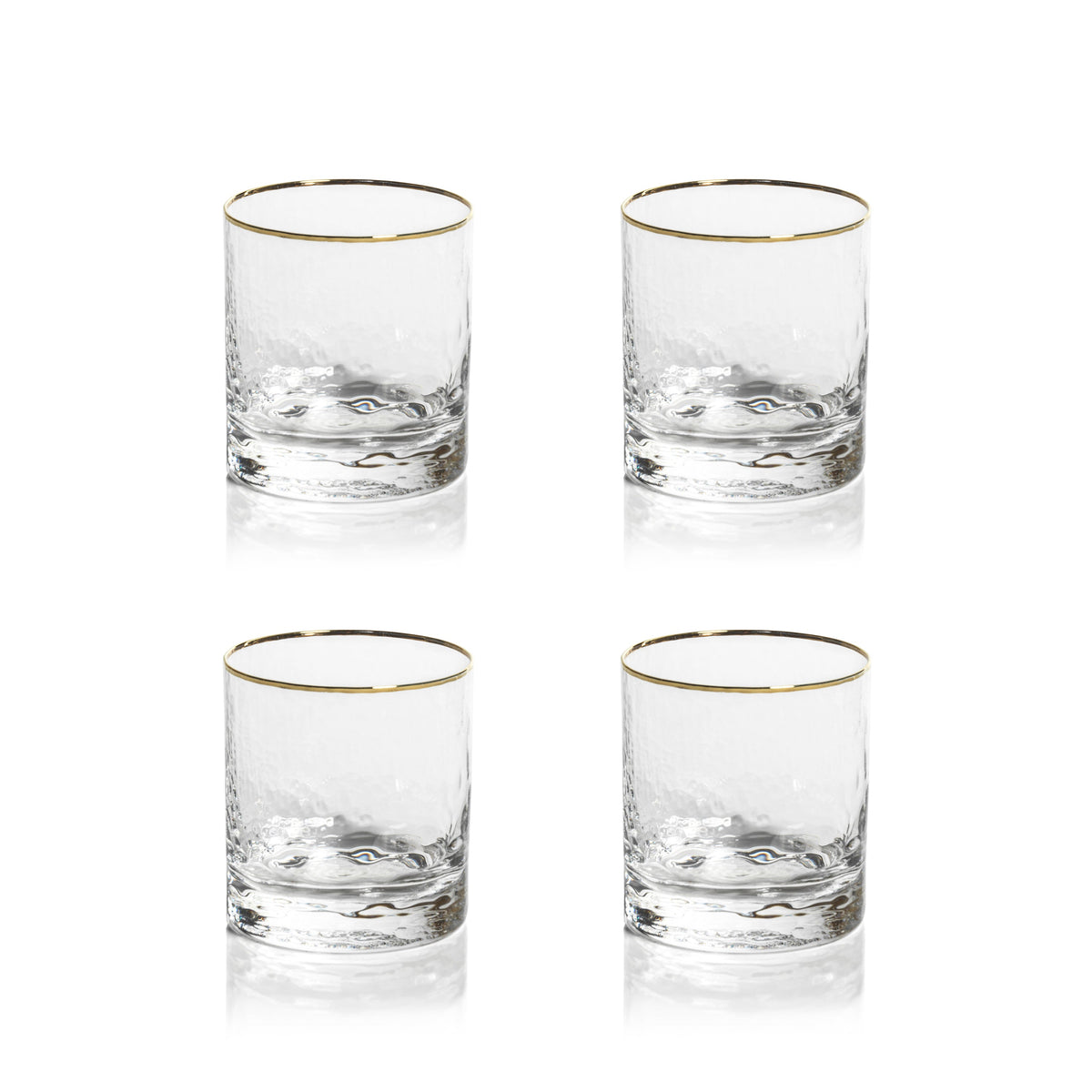 Hammered Glass Gold Rim Double Old Fashioned Glasses, Set of 4 - Glass Stem Detail | Bone & Brass