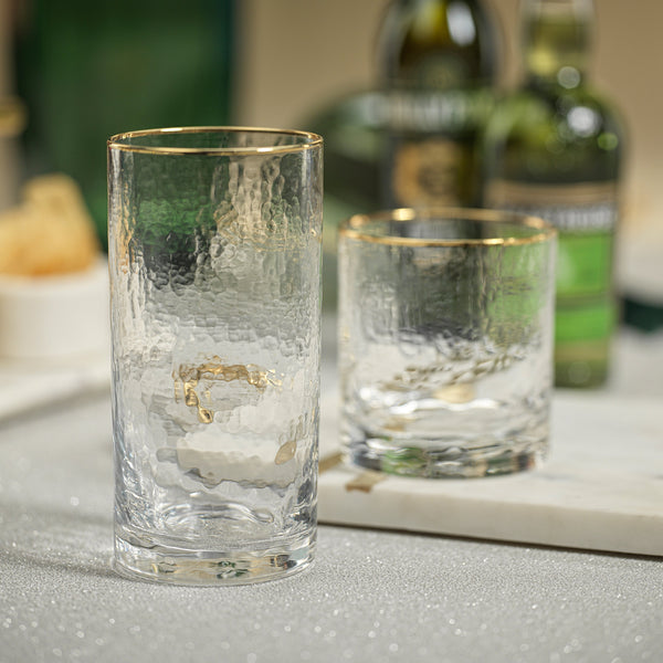Hammered Glass with Gold Rim Highball Glasses, Set of 4 - Glass Detail | Bone & Brass