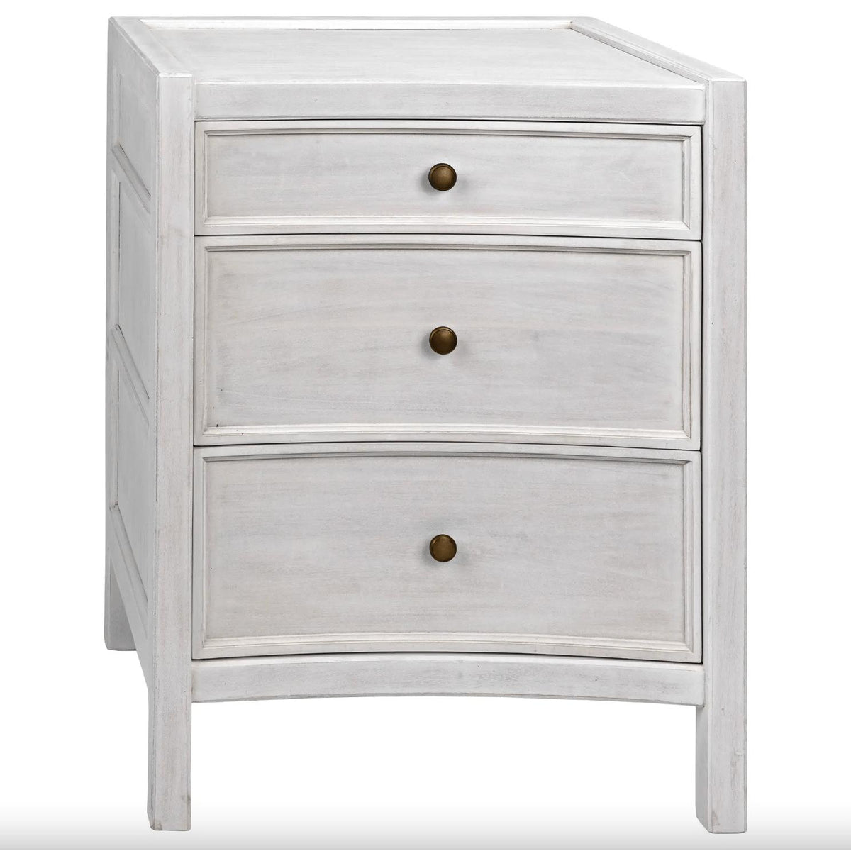 White distressed mahogany nightstand with three drawers and brass knobs.