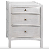 White distressed mahogany nightstand with three drawers and brass knobs.