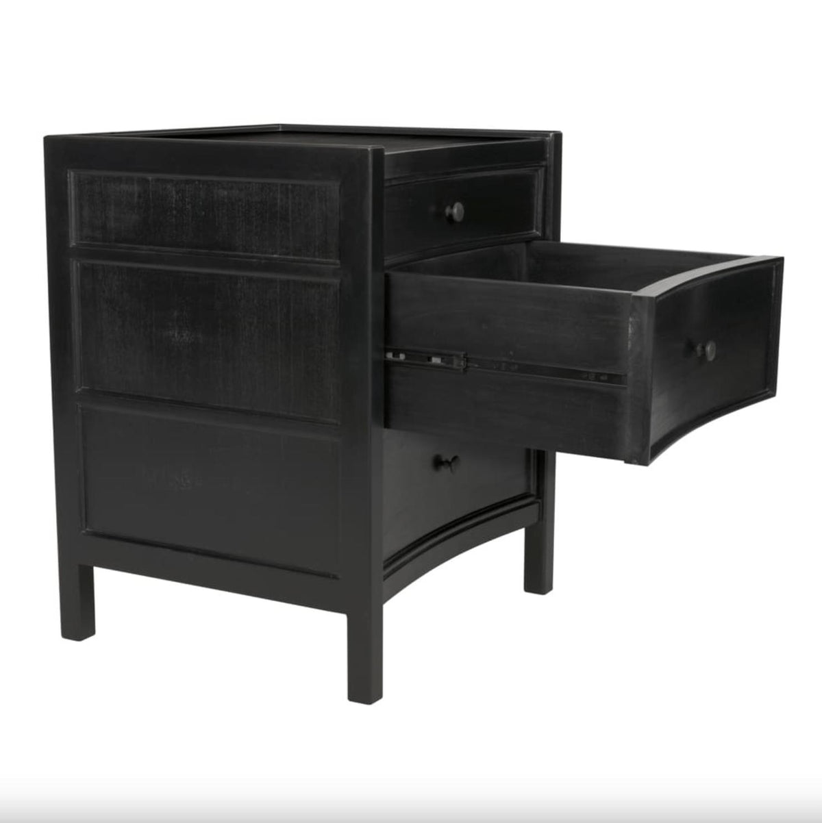 Black hand-carved mahogany Hampton nightstand with three drawers, one partially open, and classic design.
