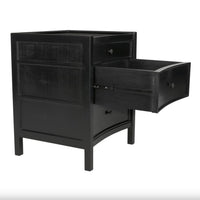 Black hand-carved mahogany Hampton nightstand with three drawers, one partially open, and classic design.