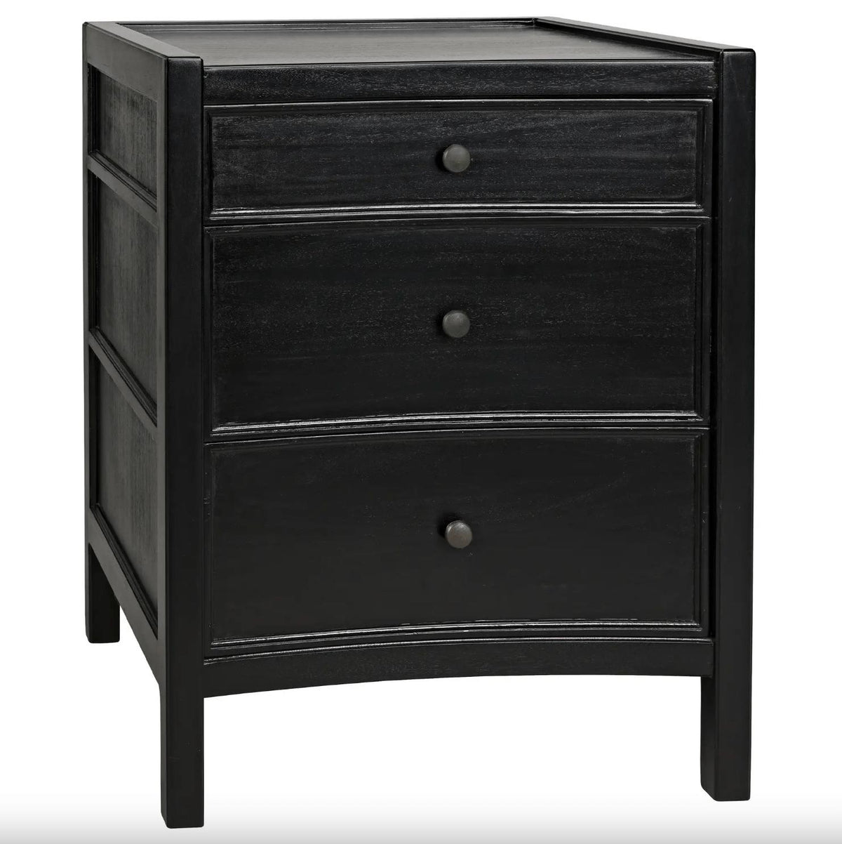 Black mahogany Hampton nightstand with three drawers and round dark pulls.