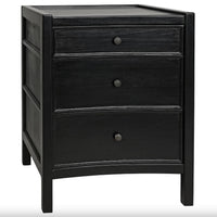 Black mahogany Hampton nightstand with three drawers and round dark pulls.