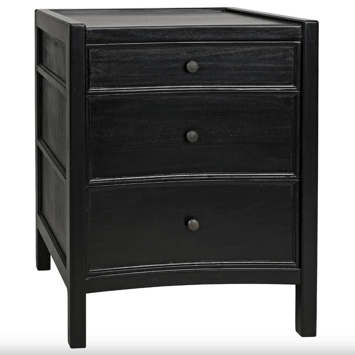 Black mahogany Hampton nightstand with three drawers and round dark pulls.