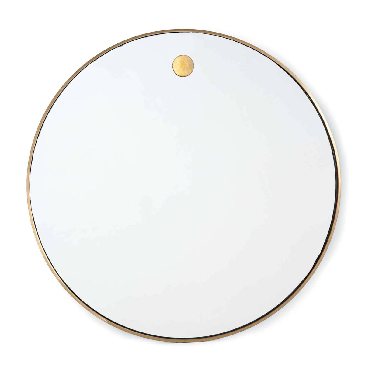 Elegant 36" round mirror with a slender natural brass frame and a single brass hanging accent.