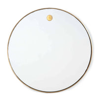 Elegant 36" round mirror with a slender natural brass frame and a single brass hanging accent.