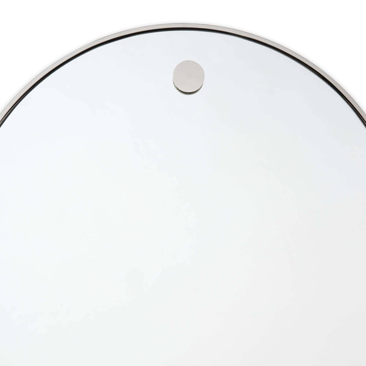 Contemporary 36" circular mirror with polished nickel frame and hanging hardware.