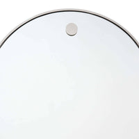 Contemporary 36" circular mirror with polished nickel frame and hanging hardware.
