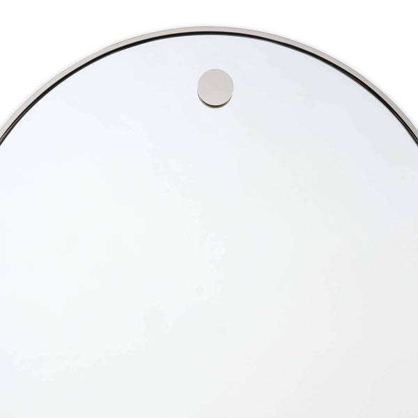 Contemporary 36" circular mirror with polished nickel frame and hanging hardware.