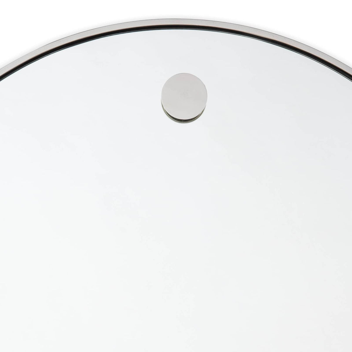 Close-up of a 36" circular mirror with a polished nickel frame and hanging detail.
