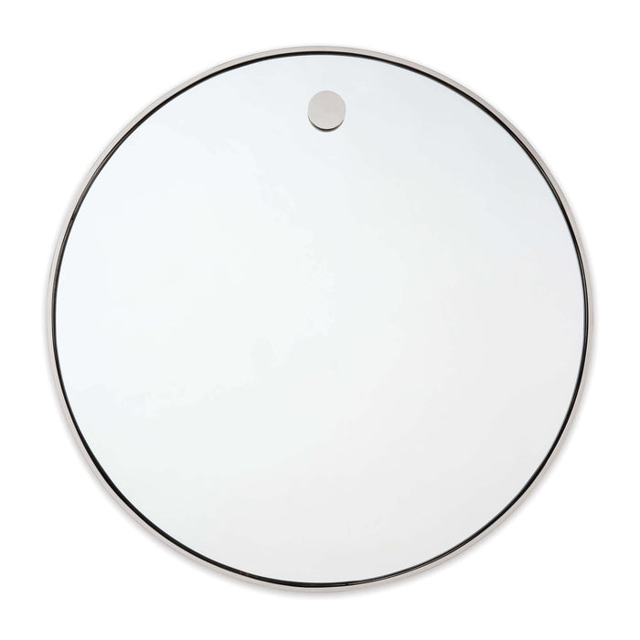 36" round mirror with polished nickel frame and a single top hanging knob.