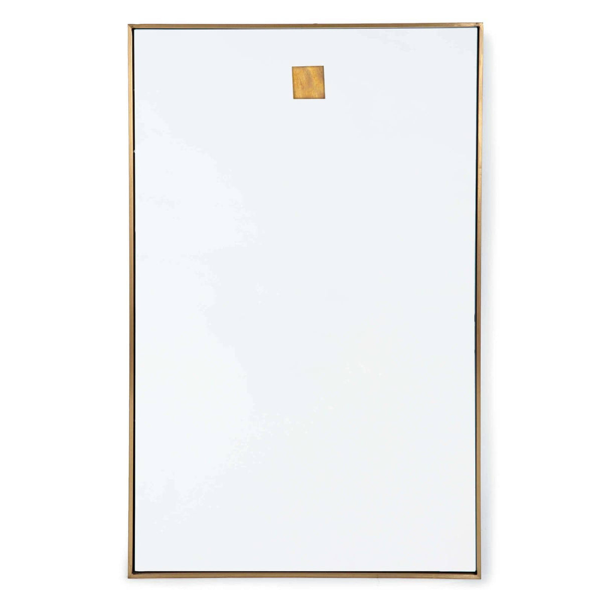 Rectangle mirror with a thin natural brass frame and a small brass hanging accent.