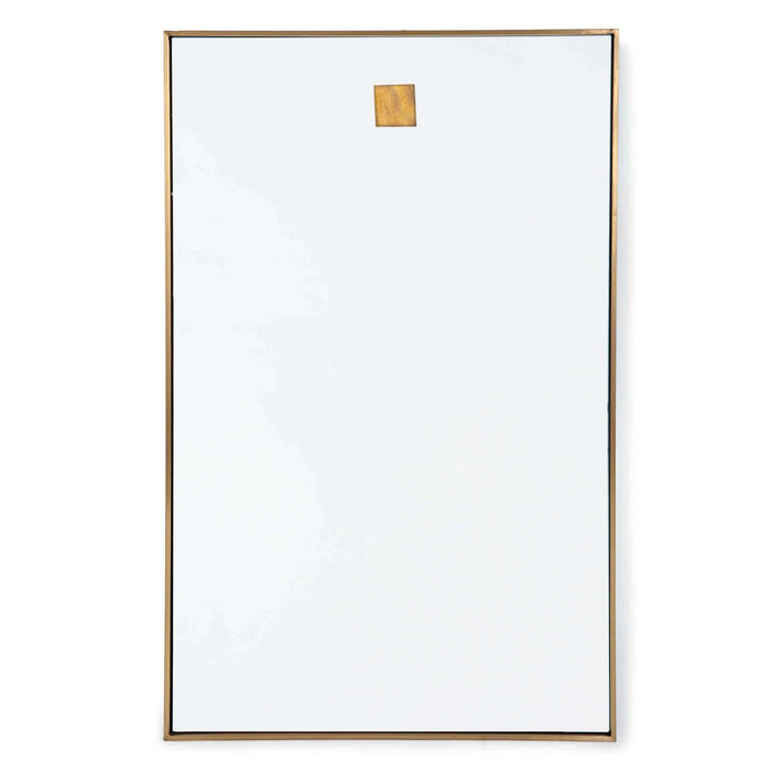 Rectangle mirror with a thin natural brass frame and a small brass hanging accent.