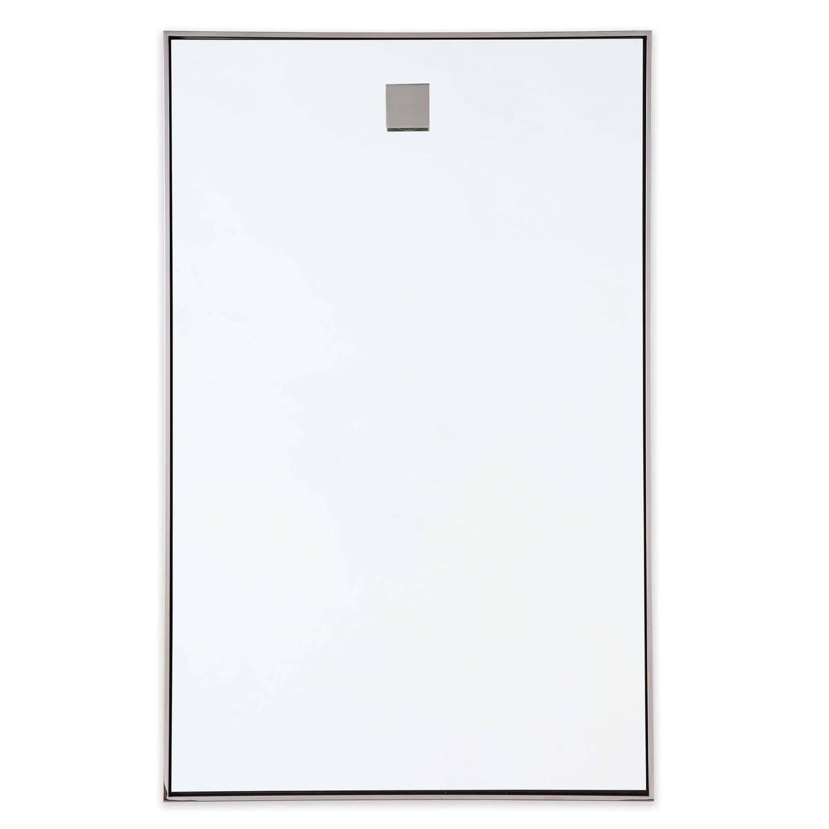 Rectangular hanging mirror with polished nickel frame and square hanging hardware.