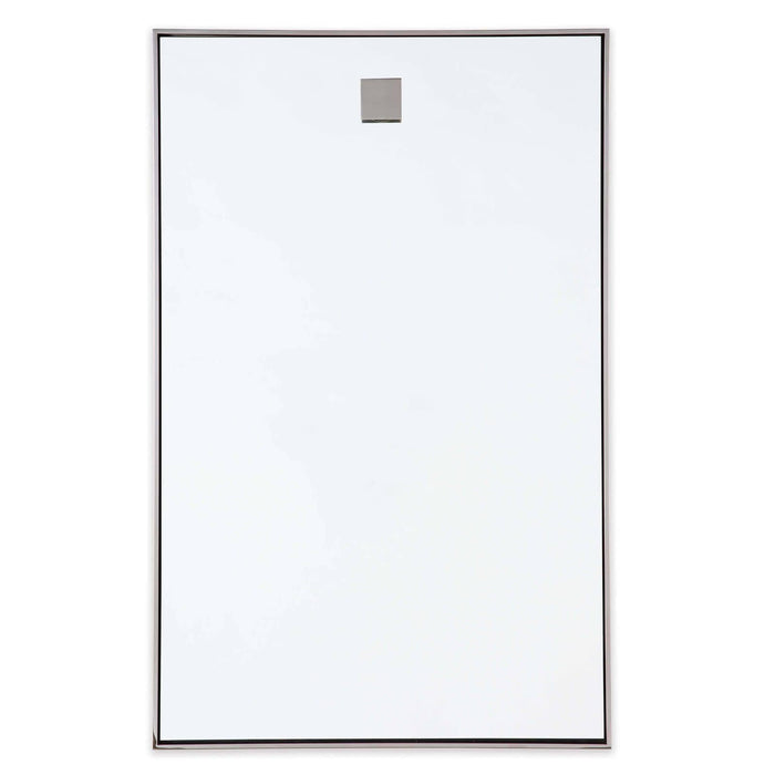 Rectangular hanging mirror with polished nickel frame and square hanging hardware.
