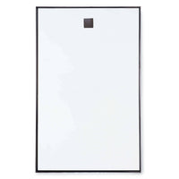 44" x 28" hanging rectangular mirror with a slim black steel frame and a brown leather hanging strap.