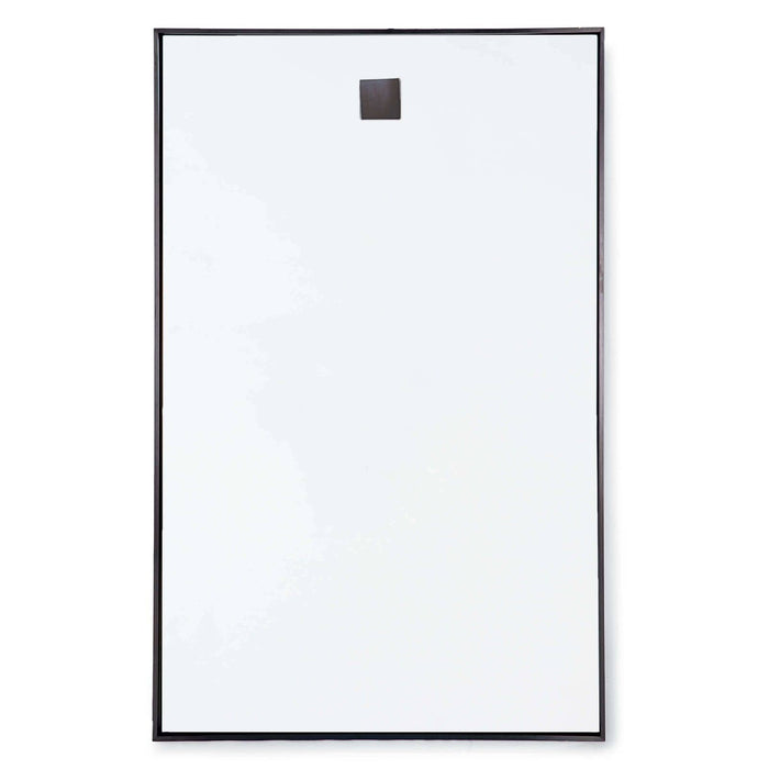 44" x 28" hanging rectangular mirror with a slim black steel frame and a brown leather hanging strap.