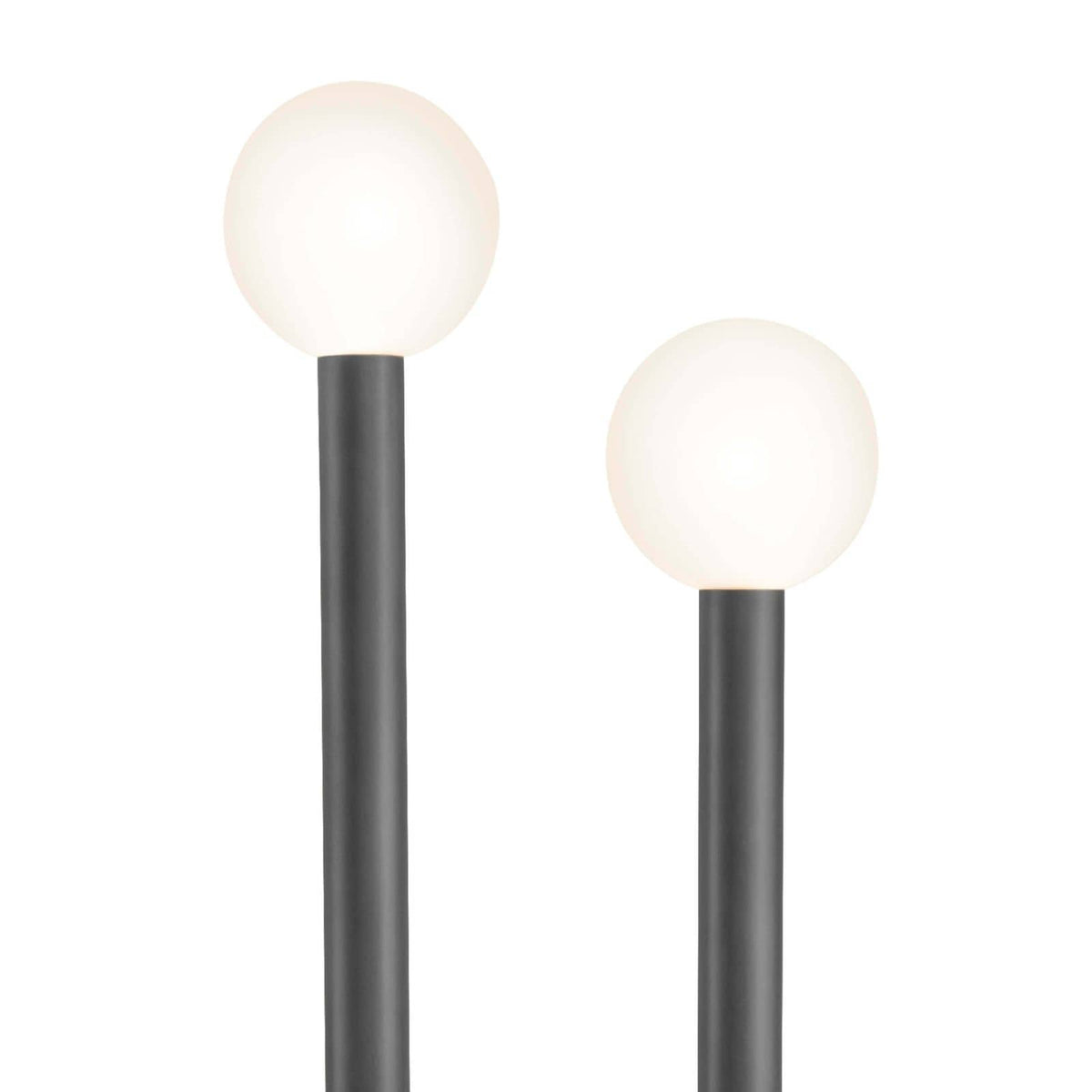 Happy Floor Lamp with two matte white glass globes on oil rubbed bronze metal tubes.