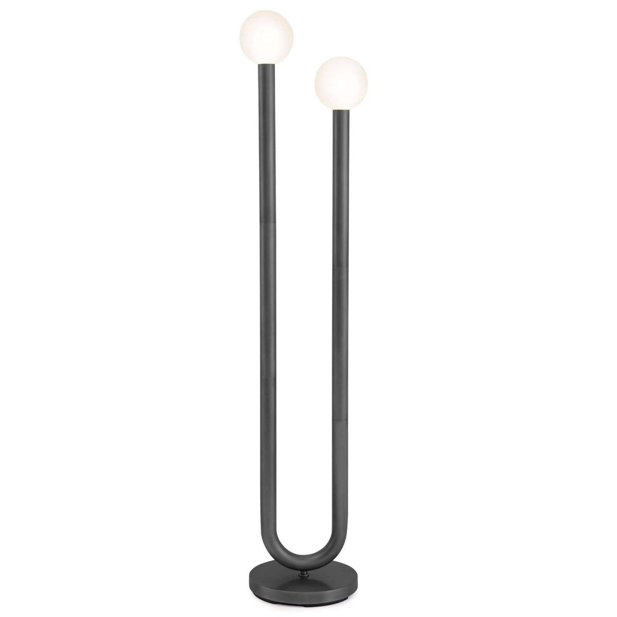 Happy Floor Lamp with an oil-rubbed bronze metal frame, cylindrical base, and two matte white glass globes.