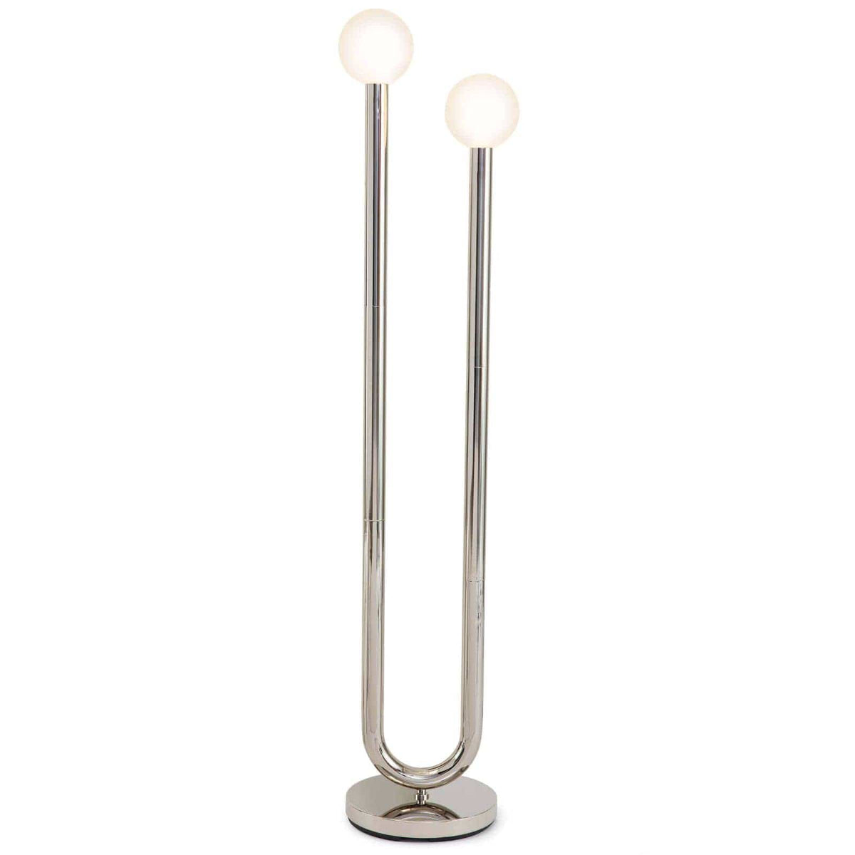 Happy Floor Lamp with polished nickel metal tube frame, cylindrical base, and two matte white glass globes.