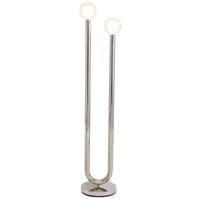 Happy Floor Lamp with polished nickel metal tube frame, cylindrical base, and two matte white glass globes.