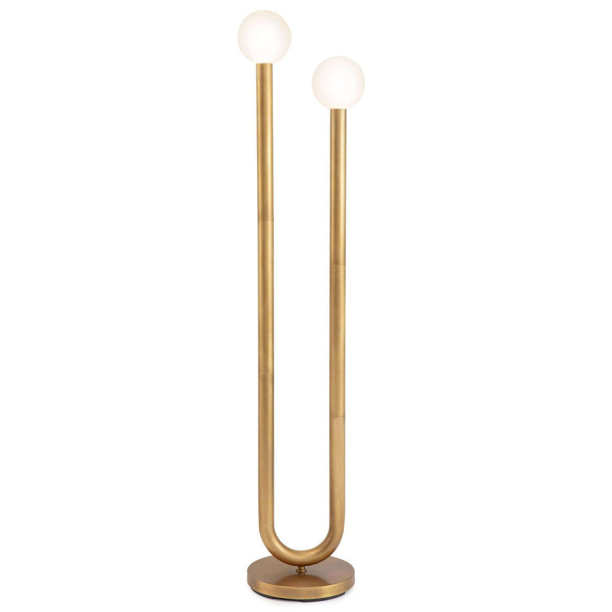 Happy Floor Lamp: brass metal frame, cylindrical base, and two matte white glass globes.