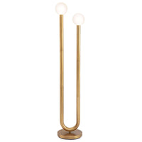 Happy Floor Lamp: brass metal frame, cylindrical base, and two matte white glass globes.