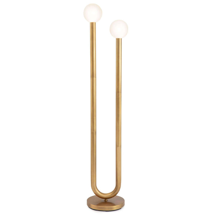 Happy Floor Lamp: brass metal frame, cylindrical base, and two matte white glass globes.