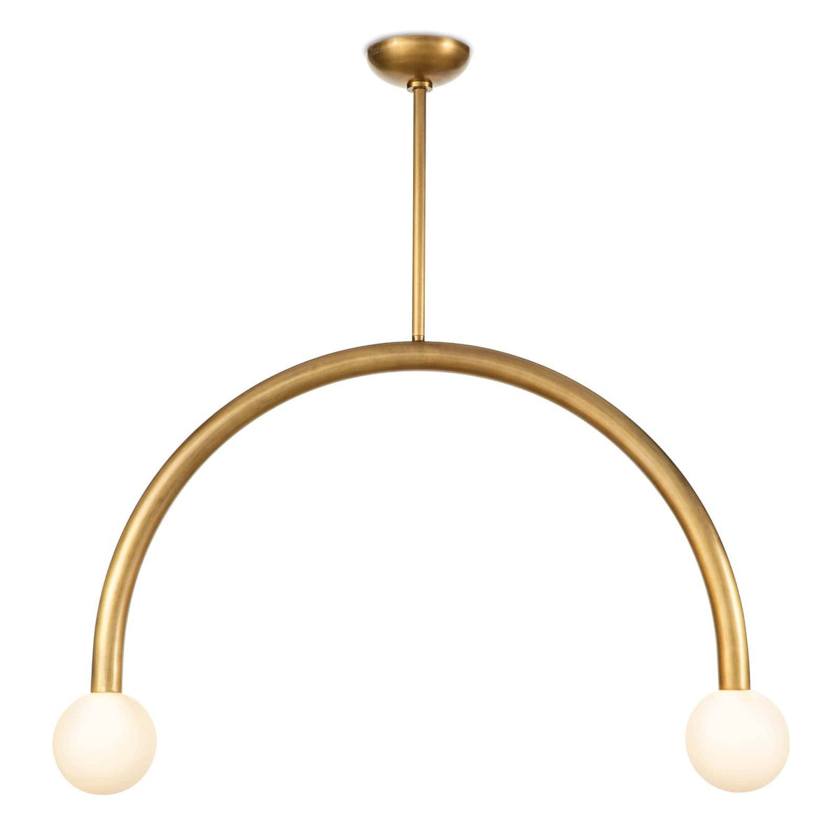 Happy Pendant Large Natural Brass light fixture with an arched metal frame and two matte white glass globes.