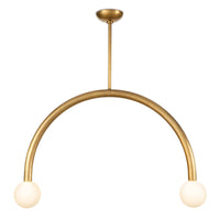 Happy Pendant Large Natural Brass light fixture with an arched metal frame and two matte white glass globes.